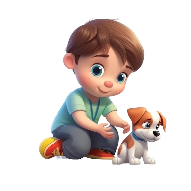 Cute cartoon style baby boy play with dog Transparent isolated background AI