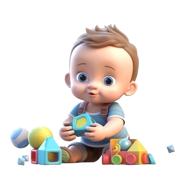 Cute cartoon style baby boy play with toys Transparent isolated background AI