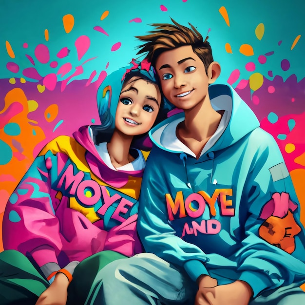 Cute cartoon style of a boy and girl and a moye moye style hoodie