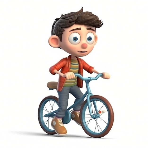 생성 AI로 만든 흰색 배경에 자전거를 타는 귀여운 만화 스타일의 소년