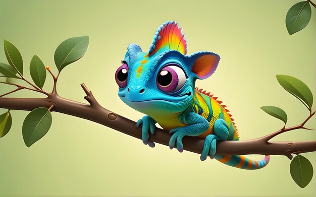 Cute Cartoon Style Chameleon Character On Olive Branch Banner Solid Gradient