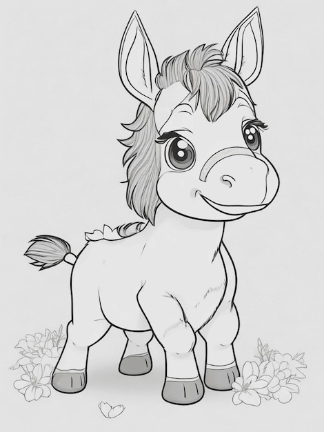 Photo a cute cartoon style line art donkey for coloring book