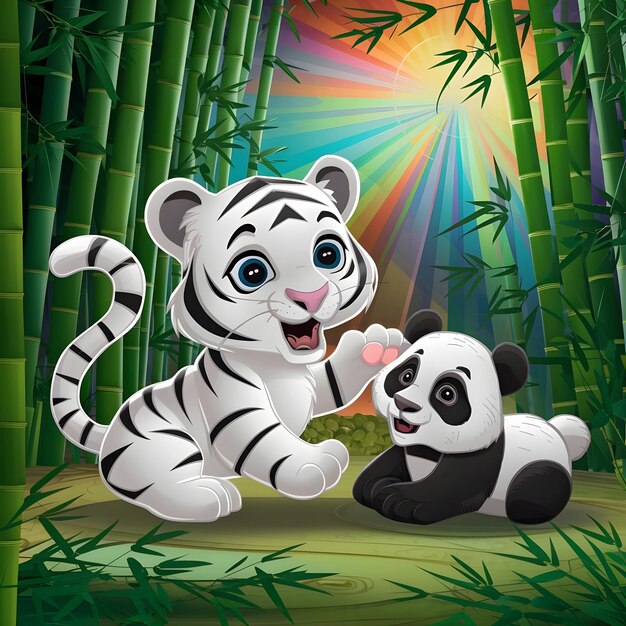 Cute cartoon style white tiger panda playing with his baby