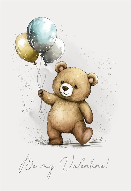 Cute cartoon teddy bear with a balloon wishes a happy birthday or confesses his love greeting card for Valentine's Day or birthday generative ai modified by human