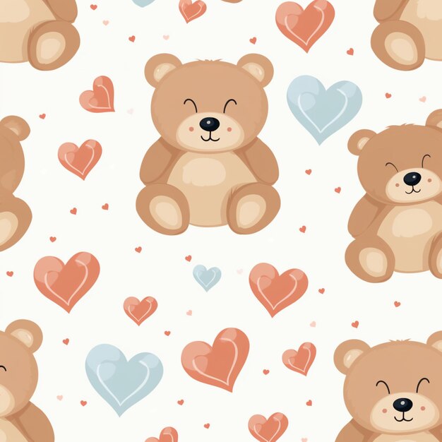 Photo cute cartoon teddy bears with red heart seamless pattern vector baby background children seamless pattern for fabric background gift paper wallpaper pro vector