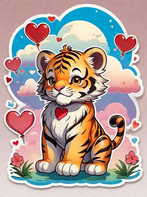 Фото Милый мультфильм тигр с красивыми глазами ярко-оранжевый среди цветов сердца открытка