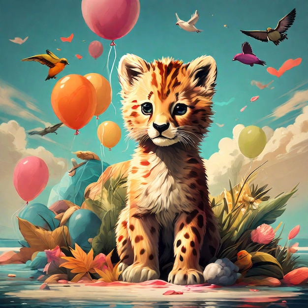 cute cartoon tiger with big red balloons in the jungle high quality illustration