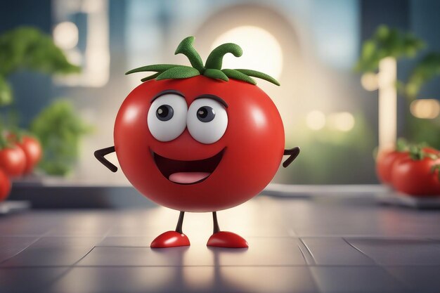 Foto personaggio simpatico cartone animato di pomodoro in piedi in cucina