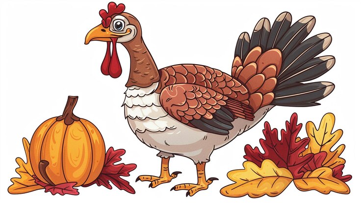 Photo cute cartoon turkey with pumpkin and autumn leaves