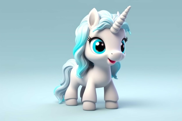 Cute cartoon unicorn on a blue background 3D rendering
