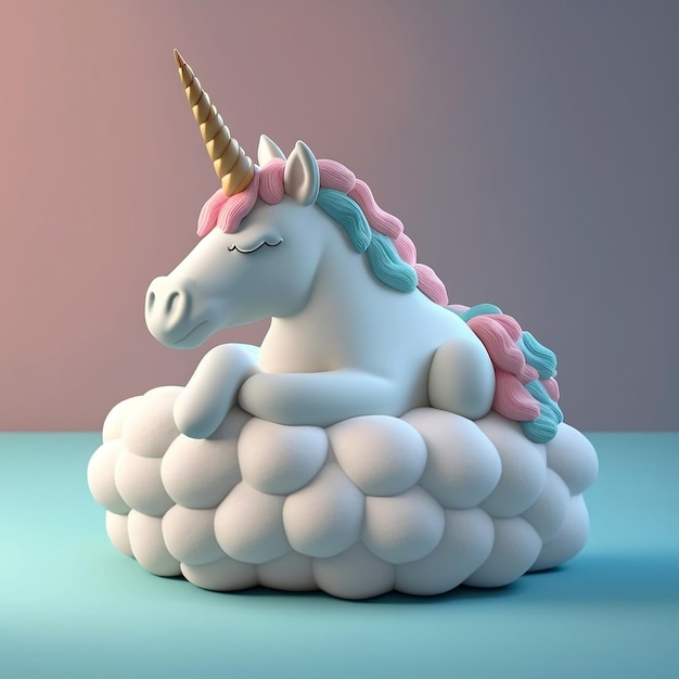 A cute cartoon unicorn rests on a cloud