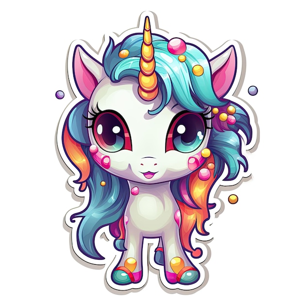 Cute cartoon unicorn sticker with colorful hair isolated on white background Vector illustration