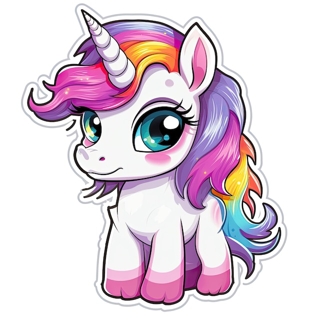 Cute cartoon unicorn sticker with colorful hair isolated on white background Vector illustration