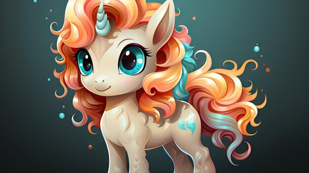 Cute cartoon unicorn with pink hair and blue eyes Vector illustration