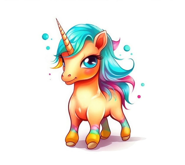 Cute cartoon unicorn with rainbow hair isolated on white background Generative AI