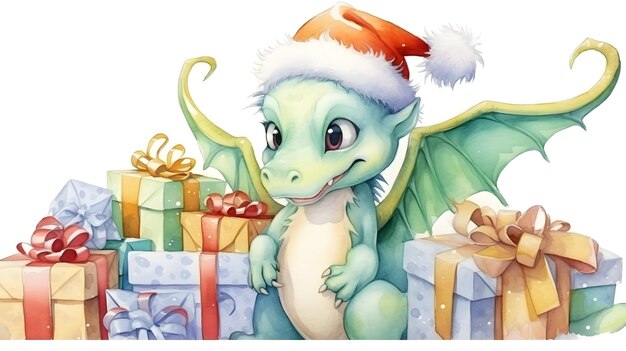 写真 カートゥーン アクアカラー グリーン クリスマス ドラゴン シンボル