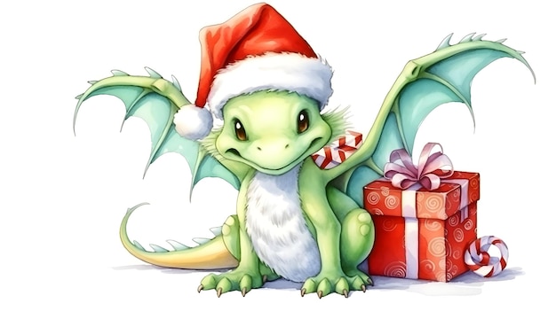 Cute cartoon watercolor green christmas dragon symbol of the year with gifts