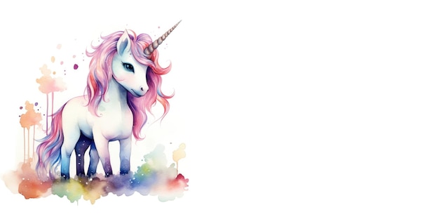 Cute cartoon watercolor unicorn character on white background