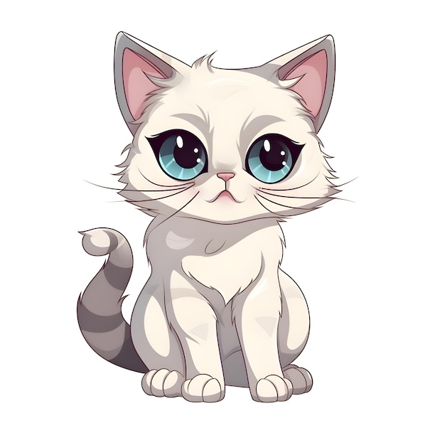 Cute cartoon white cat with blue eyes Vector illustration isolated on white background