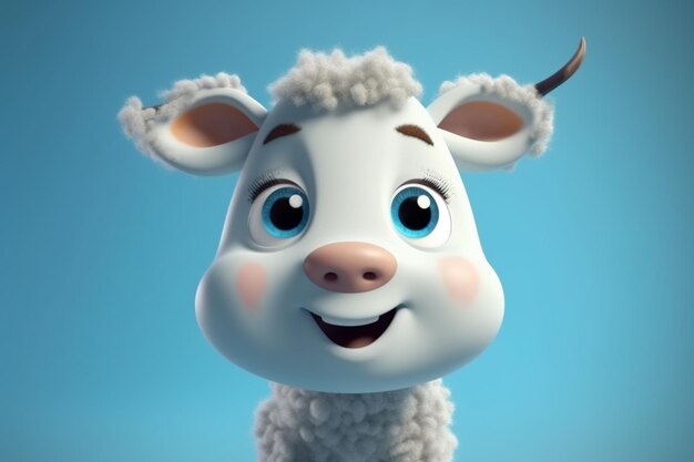 Cute cartoon white cow on blue background 3D rendering