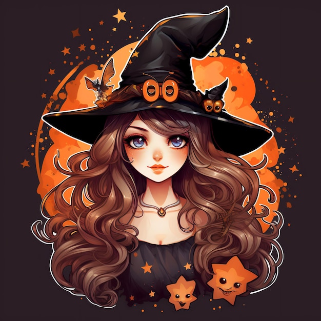 Cute cartoon witch girl template for a greeting card for halloween generative ai
