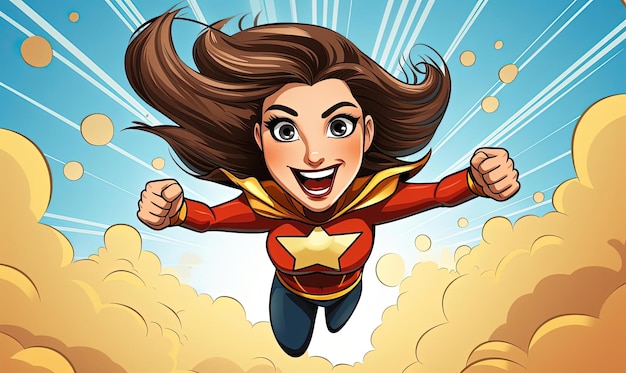 Foto cartoon donna carina che vola come un supereroe nello stile di creative commons attribuzione
