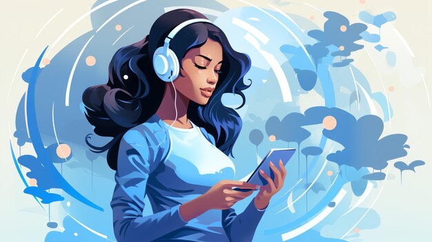 Photo cute cartoon woman listening to music and playing with gadget generative ai