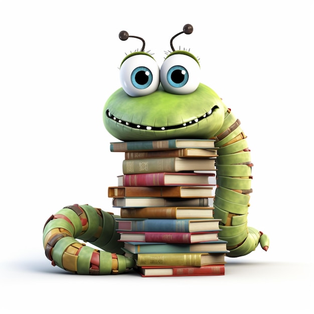 cute cartoon worm character with book