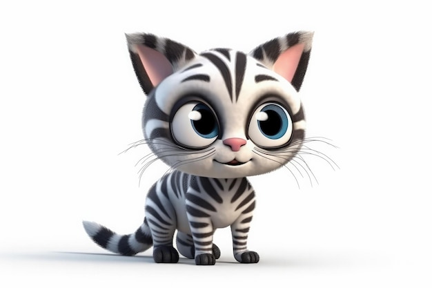 Cute Cartoon Zebra Cat With Very Big Eyes White Background Generative AI