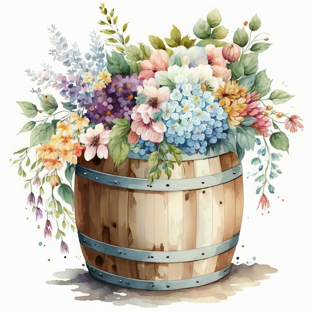 Cute cartoonish watercolor barrel of flowers white background