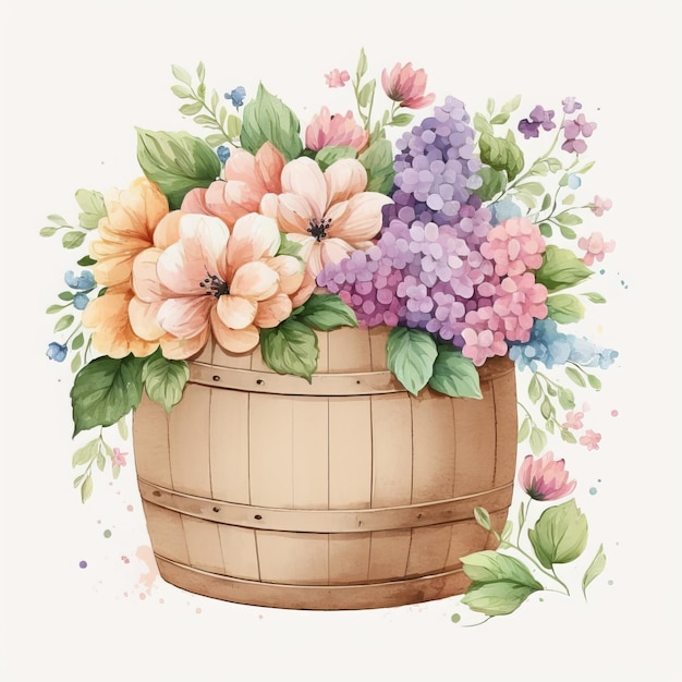 Cute cartoonish watercolor barrel of flowers white background