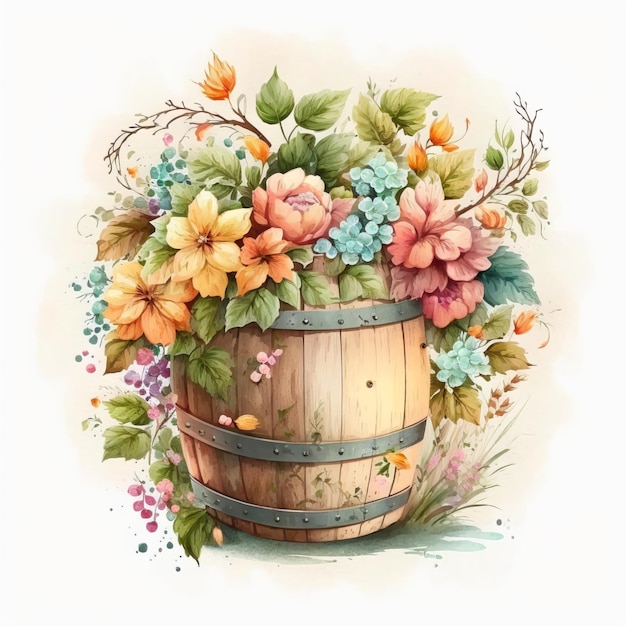 Cute cartoonish watercolor barrel of flowers white background