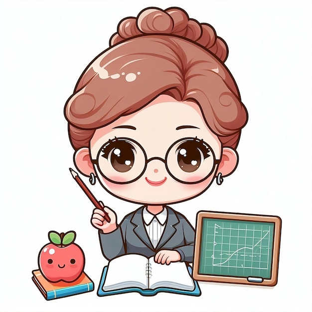 Photo cute cartoonstyle illustration of a little teacher with a book and apple