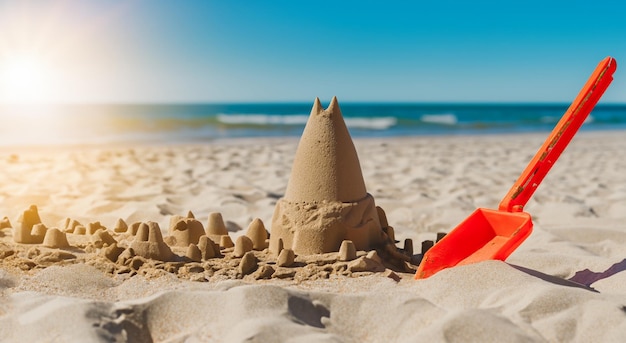 cute castle made of sand with shovels on a beautiful beach in high resolution and sharp detail