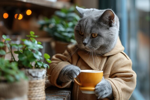 Милый кот в роли бариста и эспрессо-машина в кафе Generative AI