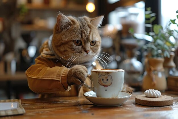 Милый кот в роли бариста и эспрессо-машина в кафе Generative AI