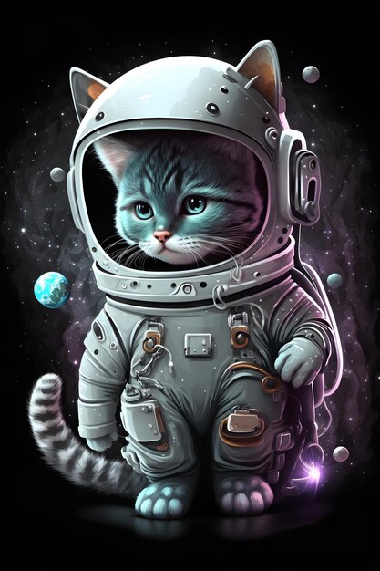 かわいい猫の宇宙飛行士の立っている漫画