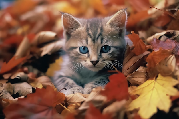 Cute cat in the autumn forest in sunlight