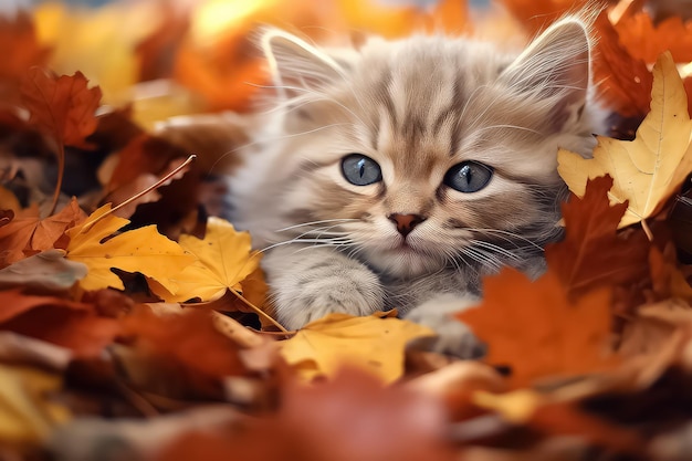 Cute cat in the autumn forest in sunlight