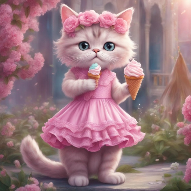 アイスクリームを食べるバービードレスを着たかわいい猫のファンタジー画像 AI が生成