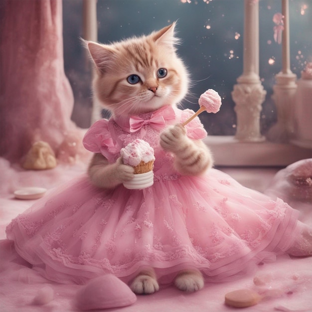 Cute Cat In Barbie Dress eating ice cream fantasy image ai generated