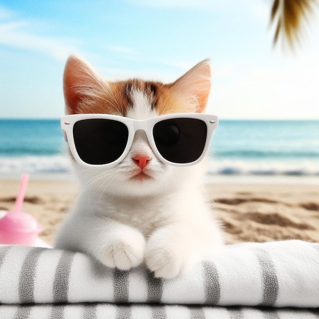 Cute cat in a beach wearing glasses