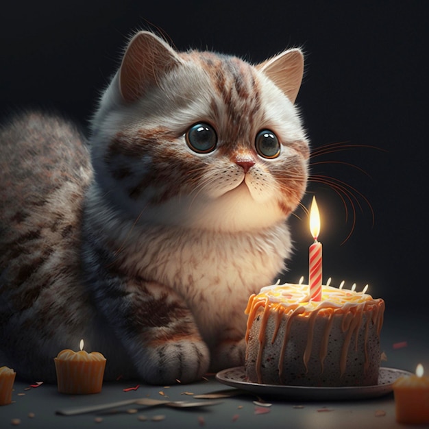 Cute cat birthday cake with a candle Generative Ai