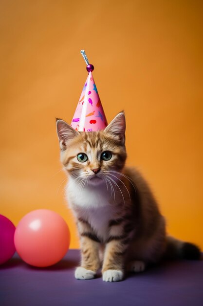 誕生日の帽子をかぶったかわいい猫が、AI によって生成されたテキスト誕生日パーティー画像のスタジオ スペースの背景に座っています。