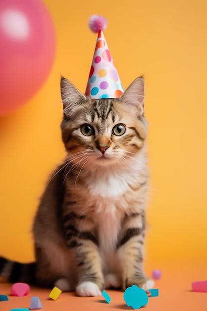 誕生日の帽子をかぶった可愛い猫がテキストの誕生日のパーティー画像のスタジオスペースの背景に座っています