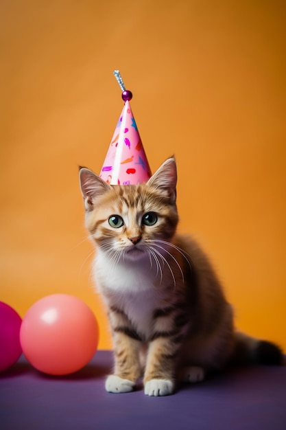 Cute cat in a birthday hat sits on the background in the studio space for text birthday party image