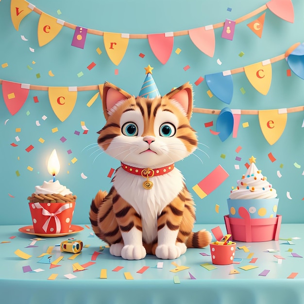 猫の誕生日パーティー カンフェッティ カートゥーン ベクトル アイコン イラスト 動物の休日 孤立したアパート