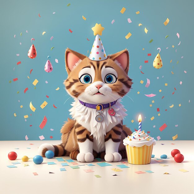 Cute cat birthday party with confetti cartoon vector icon illustration animal holiday isolated flat