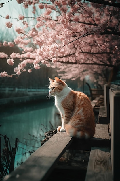 Cute cat on blossoming tree outdoors Cute cat in sakura tree cherry blossom branch kitten illustration AI generative