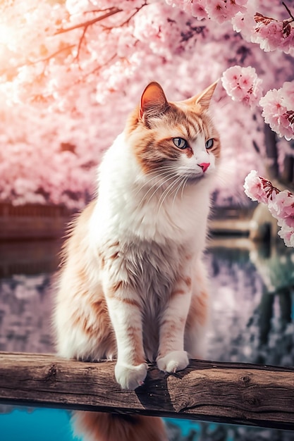 Милый кот на цветущем дереве на открытом воздухе Милый кот на ветке цветущей вишни сакуры иллюстрация котенка AI генеративный